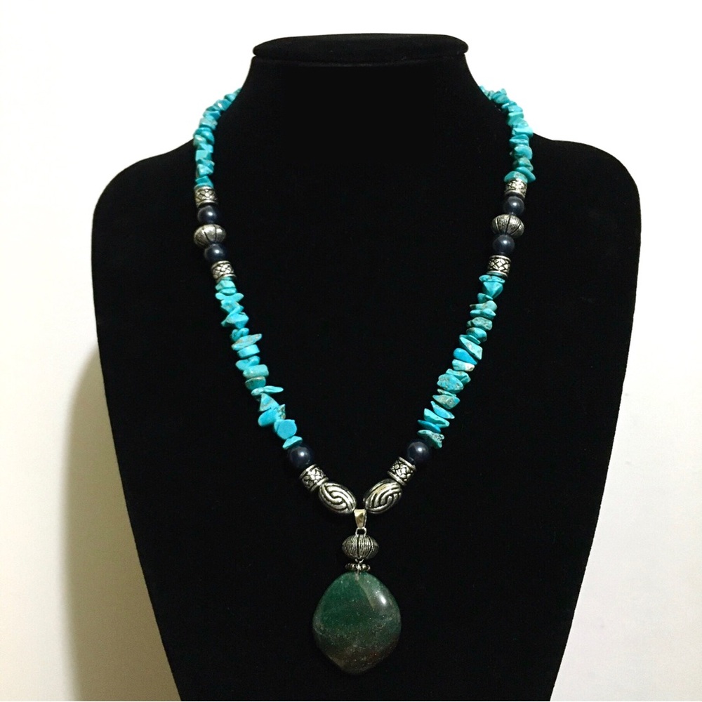 Boho Genuine Turquoise Varsity Statement Pendant Necklace  Elevated Casual